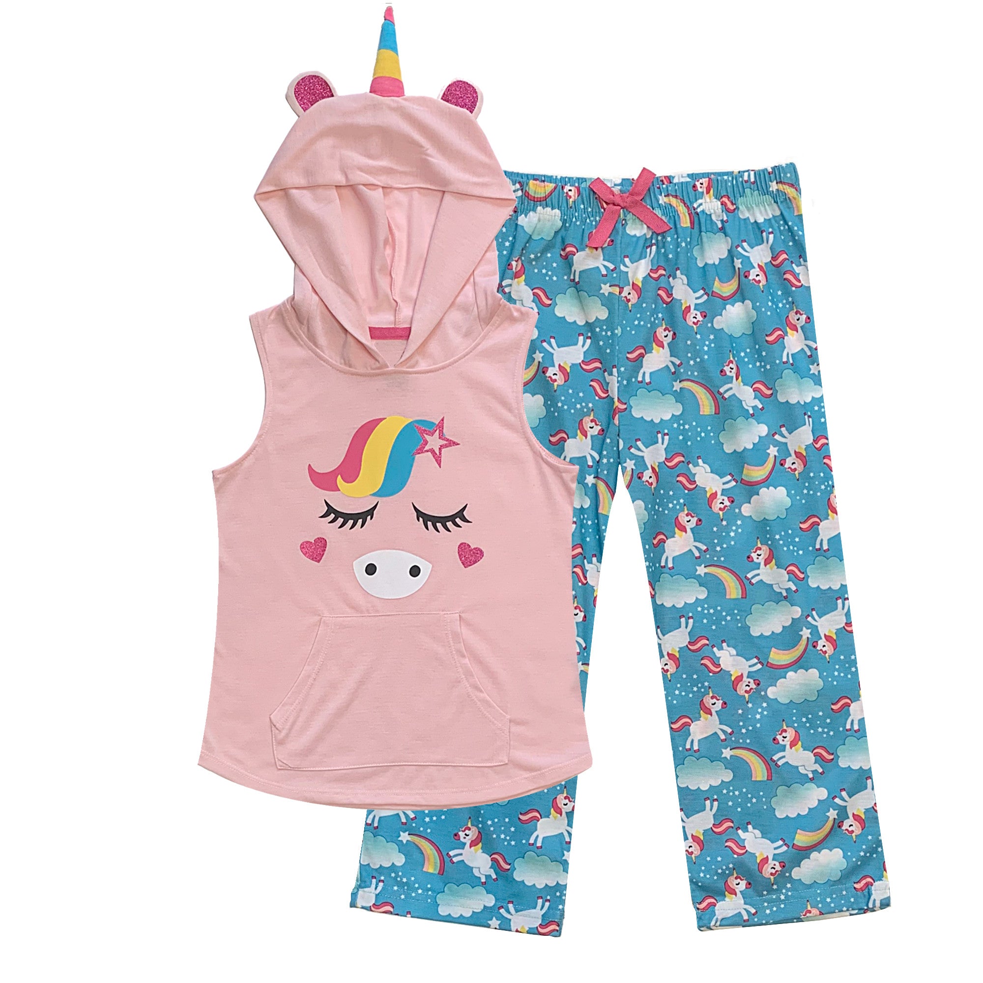 Popular Girl's Hooded Sleeveless Top and Bottoms - 2pc Pajama Matching Set