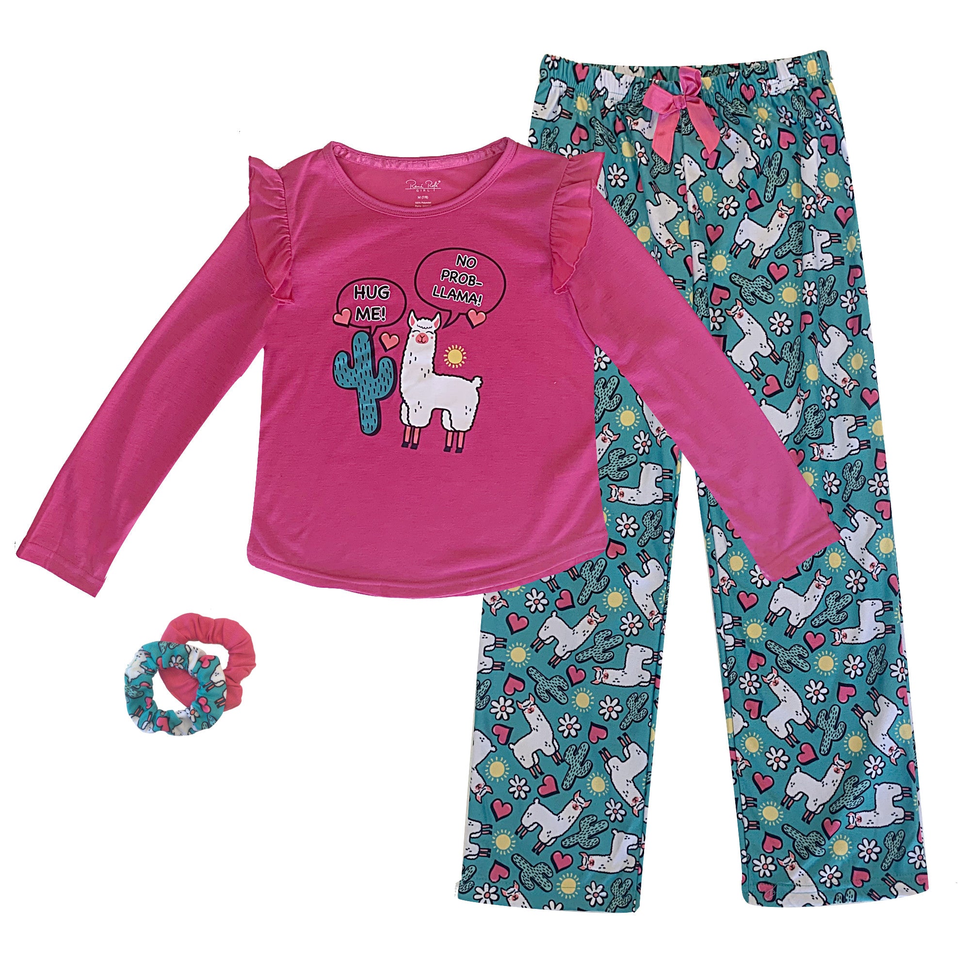 Popular Girl's Jersey Long Sleeve and Pant Set with Scrunchie - 3 Piece Pajama Matching Set